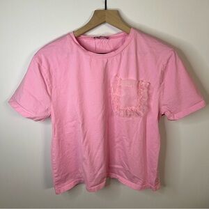 Zara Pink Organza Ruffle Pocket Cotton T-Shirt, L, Relaxed Fit Short Sleeve Tee